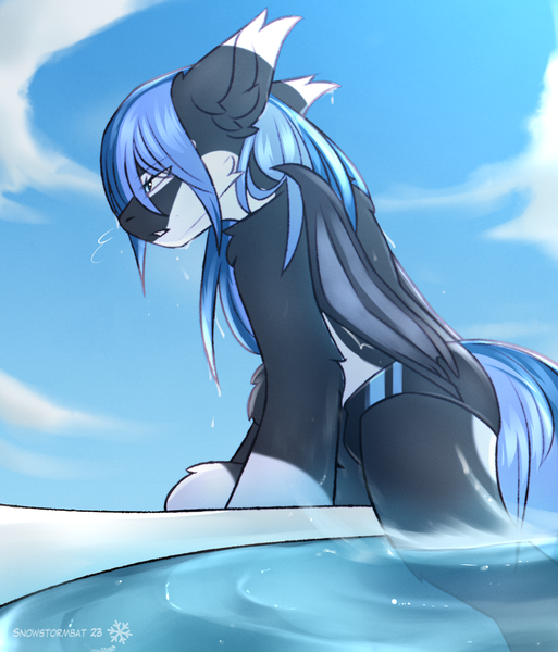 Size: 1540x1800 | Tagged: safe, alternate version, artist:snowstormbat, derpibooru import, oc, oc:midnight snowstorm, bat pony, pony, clothes, fluffy, image, png, speedo, swimming pool, swimsuit, water, wet