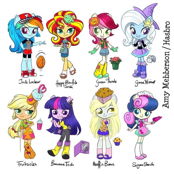 Size: 1080x1080 | Tagged: safe, artist:amy mebberson, official, applejack, bon bon, derpy hooves, rainbow dash, roseluck, sci-twi, sunset shimmer, sweetie drops, trixie, twilight sparkle, epic fails (equestria girls), eqg summertime shorts, equestria girls, equestria girls series, good vibes, shake things up!, basketball, card, clothes, concept art, doll, equestria girls minis, food, hasbro, image, jpeg, milkshake, muffin, ponied up, simple background, sports, sunset sushi, toy, white background