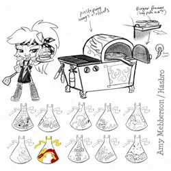 Size: 1080x1080 | Tagged: safe, artist:amy mebberson, official, gummy, rainbow dash, equestria girls, apron, burger, clothes, concept art, doll, equestria girls minis, fire extinguisher, food, grill, ice cream, image, jpeg, pizza, sketch, spatula, toy