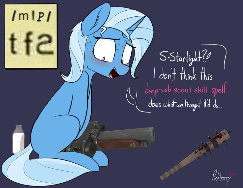 Size: 2484x1917 | Tagged: suggestive, artist:pinkberry, derpibooru import, edit, trixie, unicorn, /mlp/ tf2 general, dialogue, dialogue box, gun, image, implied futa, milk, png, scattergun, scout, team fortress 2, text, weapon