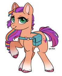 Size: 1920x2338 | Tagged: safe, artist:sk-ree, derpibooru import, sunny starscout, earth pony, pony, g5, bag, coat markings, cute, female, fluttershy's cutie mark, image, jpeg, looking at you, mare, rainbow dash's cutie mark, raised hoof, saddle bag, simple background, smiling, smiling at you, socks (coat marking), solo, sunnybetes, twilight sparkle's cutie mark, unshorn fetlocks, white background