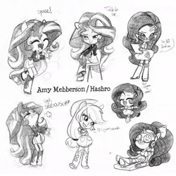 Size: 1080x1080 | Tagged: safe, artist:amy mebberson, official, applejack, rarity, sunset shimmer, equestria girls, angry, concept art, cucumber, doll, equestria girls minis, food, hasbro, horn, horned humanization, humanized, image, jpeg, mud mask, open smile, ponied up, ponytail, rarity's glasses, sitting, sketch, squee, toy