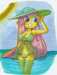 Size: 1280x1679 | Tagged: safe, artist:shadowhawx, derpibooru import, fluttershy, human, equestria girls, belly button, breasts, busty fluttershy, clothes, eye clipping through hair, grin, hat, image, jpeg, sky, smiling, solo, sun, swimsuit, traditional art, water
