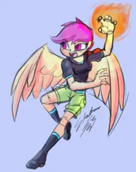 Size: 2269x2872 | Tagged: safe, artist:shadowhawx, derpibooru import, scootaloo, human, equestria girls, blue background, female, fire, fire magic, high res, humanized, image, open mouth, open smile, partially open wings, png, signature, simple background, smiling, solo, winged humanization, wings