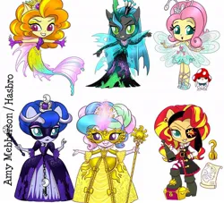 Size: 1080x982 | Tagged: safe, artist:amy mebberson, official, adagio dazzle, angel bunny, fluttershy, princess celestia, princess luna, queen chrysalis, sunset shimmer, siren, equestria girls, clothes, concept art, doll, dress, equestria girls minis, gown, hat, hook, image, implied breezie, jpeg, map, mask, mushroom hat, pearl, pirate outfit, ponied up, principal celestia, scepter, simple background, telescope, toy, vice principal luna, white background, wings