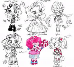 Size: 1080x982 | Tagged: safe, artist:amy mebberson, official, bon bon, fluttershy, pinkie pie, rarity, spitfire, sweetie drops, equestria girls, blouse, candy, clothes, concept art, cupcake, doll, dress, equestria girls minis, flag, food, glasses, image, jacket, jewelry, jpeg, lipstick, lollipop, panama hat, ponied up, sketch, tiara, toy, vest, walkie talkie, wings