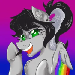 Size: 512x512 | Tagged: safe, artist:dankpegasista, derpibooru import, oc, oc:lunar dash, unofficial characters only, pegasus, pony, bangs, big smile, bisexual pride flag, black and white mane, black hair, bust, chest fluff, colored lineart, colored pupils, colored wings, cross, cute, derpibooru exclusive, ear fluff, ear piercing, face to face, feathered wings, female, folded wings, gradient background, gray coat, green eyes, halfbody, happy, heart, heart eyes, highlights, image, inverted cross, jpeg, long eyelashes, looking at you, mare, messy hair, messy mane, monochrome, multicolored wings, nostrils, ocbetes, one eye closed, open mouth, pegasus oc, piercing, ponytail, portrait, pride, pride flag, rainbow wings, raised hoof, shading, simple background, solo, sparkles, tattoo, teeth, wall of tags, waving, waving at you, white hair, wide smile, wingding eyes, wings