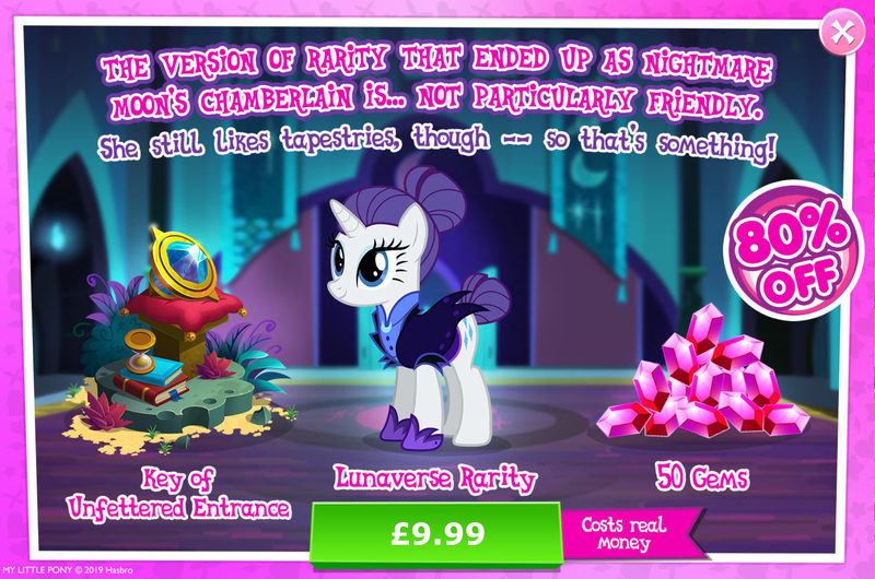 Size: 1964x1302 | Tagged: safe, derpibooru import, official, rarity, pony, unicorn, advertisement, alternate hairstyle, alternate timeline, book, bush, clothes, costs real money, english, female, gameloft, gem, horn, hourglass, image, jpeg, key of unfettered entrance, mare, mobile game, my little pony: magic princess, night maid rarity, nightmare takeover timeline, numbers, sale, solo, solo focus, text