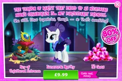 Size: 1964x1302 | Tagged: safe, derpibooru import, official, rarity, pony, unicorn, advertisement, alternate hairstyle, alternate timeline, book, bush, clothes, costs real money, english, female, gameloft, gem, horn, hourglass, image, jpeg, key of unfettered entrance, mare, mobile game, my little pony: magic princess, night maid rarity, nightmare takeover timeline, numbers, sale, solo, solo focus, text