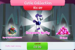 Size: 1270x857 | Tagged: safe, derpibooru import, official, rarity, pony, unicorn, alternate hairstyle, alternate timeline, book, bundle, bush, clothes, costs real money, english, female, gameloft, gem, horn, hourglass, image, jpeg, key of unfettered entrance, mare, mobile game, my little pony: magic princess, night maid rarity, nightmare takeover timeline, numbers, sale, solo, solo focus, text