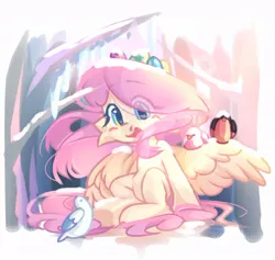 Size: 902x855 | Tagged: safe, artist:toast091019, derpibooru import, fluttershy, bird, pegasus, pony, belly, egg (food), eye clipping through hair, female, food, forest, hair over one eye, heart, heart eyes, image, jpeg, smiling, snow, solo, solo female, spread wings, tree, wingding eyes, wings