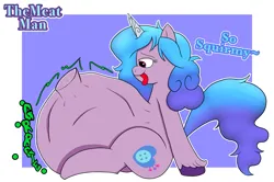 Size: 3371x2232 | Tagged: suggestive, artist:themeatman, derpibooru import, izzy moonbow, pony, unicorn, g5, abdominal bulge, belly, belly bumps, big belly, colored, digestion, female, frame, gradient mane, gradient tail, hoof imprints, image, izzypred, looking at belly, looking at self, mare, png, post-vore, satisfied, side view, signature, sitting, solo, squirming, stomach noise, stuffed, stuffed belly, tail, talking, tongue out, unknown prey, unshorn fetlocks, vore