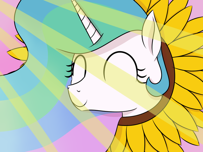 Size: 2000x1500 | Tagged: safe, artist:everfreeemergencies, princess celestia, alicorn, pony, bust, crepuscular rays, eyes closed, female, flower, happy, horn, image, mare, pink background, png, portrait, simple background, smiling, solo, sunflower