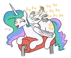 Size: 1086x887 | Tagged: safe, artist:jargon scott, derpibooru import, princess celestia, alicorn, pony, colored, commission, cute, cutelestia, descriptive noise, digital art, female, full body, hand, horse noises, image, massage, png, slapping, text