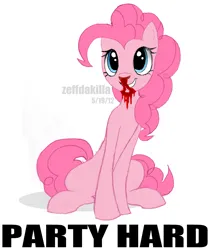 Size: 3800x4500 | Tagged: semi-grimdark, artist:zeffdakilla, derpibooru import, pinkie pie, earth pony, pony, andrew w.k., blood, female, i get wet, image, looking up, mare, nosebleed, parody, party hard, png, redraw, simple background, sitting, smiling, solo, white background