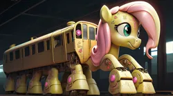 Size: 1456x816 | Tagged: safe, derpibooru import, machine learning generated, fluttershy, ponified, object pony, original species, train pony, ai content, image, machine learning abomination, not salmon, png, solo, train, wat