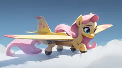 Size: 1456x816 | Tagged: safe, derpibooru import, machine learning generated, fluttershy, original species, plane pony, pony, ai content, cloud, flutterplane, image, machine learning abomination, not salmon, plane, png, wat