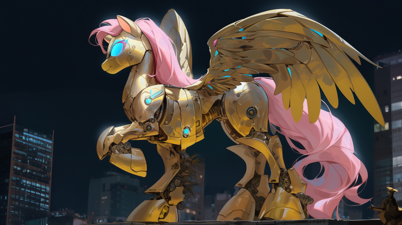 Size: 1820x1020 | Tagged: safe, derpibooru import, machine learning generated, fluttershy, pegasus, pony, robot, ai content, blank eyes, city, cityscape, giant pony, image, macro, night, png, raised hoof, side view, spread wings, wings