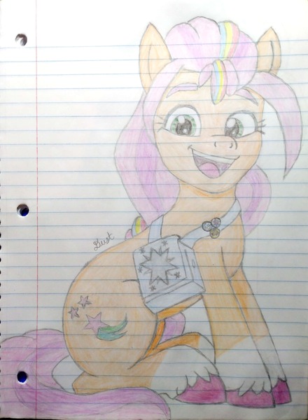 Size: 2308x3148 | Tagged: safe, artist:dust, derpibooru import, sunny starscout, earth pony, pony, g5, bag, buttons, colored, colored pencil drawing, derpibooru exclusive, female, image, jpeg, lined paper, pencil drawing, smiling, solo, traditional art