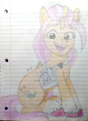 Size: 2308x3148 | Tagged: safe, artist:dust, derpibooru import, sunny starscout, earth pony, pony, g5, bag, buttons, colored, colored pencil drawing, derpibooru exclusive, female, image, jpeg, lined paper, pencil drawing, smiling, solo, traditional art