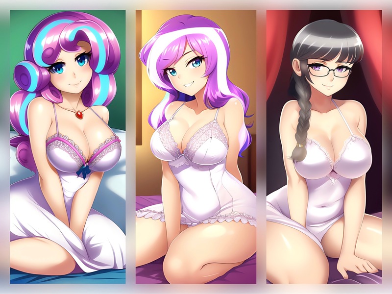 Size: 3087x2316 | Tagged: suggestive, ai content, derpibooru import, editor:sammykun, machine learning generated, novelai, stable diffusion, diamond tiara, princess flurry heart, silver spoon, human, g4, bed, big breasts, breasts, busty diamond tiara, busty princess flurry heart, busty silver spoon, cleavage, clothes, dress, female, high res, humanized, image, jpeg, kneeling, lingerie, looking at you, on bed, prompter:sammykun, sexy, sitting, smiling, stupid sexy diamond tiara, stupid sexy silver spoon, white dress