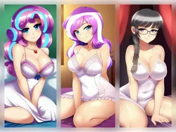 Size: 3087x2316 | Tagged: suggestive, derpibooru import, editor:sammykun, machine learning generated, novelai, stable diffusion, diamond tiara, princess flurry heart, silver spoon, human, ai content, bed, big breasts, breasts, busty diamond tiara, busty princess flurry heart, busty silver spoon, cleavage, clothes, dress, high res, humanized, image, jpeg, kneeling, lingerie, looking at you, on bed, sexy, sitting, smiling, stupid sexy diamond tiara, stupid sexy silver spoon, white dress