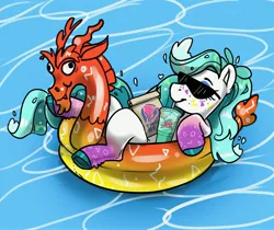 Size: 3344x2807 | Tagged: safe, artist:opalacorn, derpibooru import, discord, oc, unofficial characters only, earth pony, pony, commission, drink, drinking, drinking straw, female, floaty, high res, image, inner tube, jpeg, lying down, mare, mountain dew, mountain dew baja blast, on back, pool toy, solo, sunglasses, taco bell, water, ych result