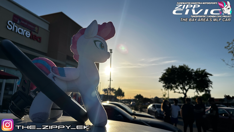 Size: 3840x2160 | Tagged: safe, derpibooru import, zipp storm, pegasus, pony, g5, boba tea, car, female, honda, honda civic, image, instagram, irl, mare, nrg innovations, photo, plushie, png, steering wheel, zipp civic