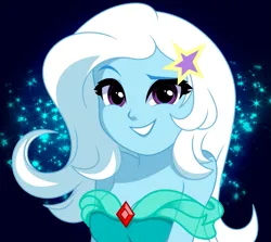 Size: 945x843 | Tagged: safe, artist:rosemile mulberry, derpibooru import, trixie, human, equestria girls, breasts, broach, busty trixie, clothes, detailed eyes, dress, eyebrows, female, hairpin, image, looking at you, png, raised eyebrow, smiling, smiling at you, solo, stars, updated design