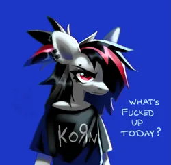 Size: 1399x1346 | Tagged: safe, artist:rtootb, derpibooru import, oc, oc:era, unofficial characters only, anthro, pegasus, pony, big ears, black clothes, blue background, clothes, colored sketch, ear piercing, eyebrow piercing, female, half body, image, korn, mare, multicolored hair, pegasus oc, piercing, png, red eyes, shading, shading practice, simple background, sketch, solo, text, tired, vulgar, vulgar description, wings