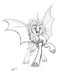 Size: 1918x1956 | Tagged: safe, artist:brdte, derpibooru import, ponified, alicorn, bat pony, bat pony alicorn, pony, bat wings, clothes, facial hair, grayscale, horn, image, jpeg, kirk hammett, looking at you, metallica, monochrome, moustache, open mouth, open smile, raised hoof, simple background, smiling, smiling at you, solo, spread wings, vest, white background, wings