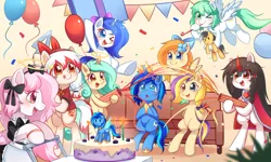 Size: 2500x1500 | Tagged: artist needed, safe, derpibooru import, oc, oc:bubble cloud, oc:cunbenmapleleaf, oc:little shiroiryuu, oc:mercy snow, oc:rhythmic shimmer, oc:seven sister, oc:starfeather, unofficial characters only, pegasus, pony, unicorn, birthday, birthday cake, birthday gift, cake, celebration, clothes, cute, dress, food, gift giving, happy, hat, horn, image, maid, make a wish, party, party cannon, party hat, pegasus oc, png, spread wings, surprised, toy, unicorn oc, wings