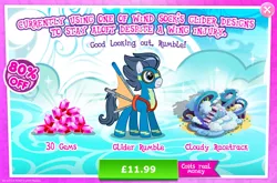 Size: 1960x1297 | Tagged: safe, derpibooru import, official, rumble, pegasus, pony, advertisement, aviator goggles, costs real money, english, gameloft, gem, glider, goggles, image, jpeg, male, mobile game, my little pony: magic princess, numbers, race track, sale, solo, solo focus, stallion, text
