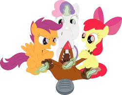 Size: 3567x2802 | Tagged: safe, artist:porygon2z, derpibooru import, apple bloom, scootaloo, sweetie belle, beaver, earth pony, pegasus, pony, unicorn, angry beavers, crossover, cutie mark crusaders, daggett doofus beaver, feather, grin, image, laughing, magic, png, simple background, smiling, telekinesis, tickling, transparent background