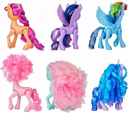 Size: 1004x886 | Tagged: safe, derpibooru import, official, part of a set, izzy moonbow, pinkie pie, rainbow dash, sunny starscout, twilight sparkle, twilight sparkle (alicorn), alicorn, earth pony, pegasus, pony, unicorn, g5, my little pony: make your mark, braid, cutie mark, female, g4, g4 to g5, generation leap, horn, image, jpeg, merchandise, minty (g5), multicolored hair, rainbow celebration, rainbow hair, simple background, style of the day, toy, unshorn fetlocks, white background, wings