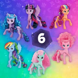 Size: 1024x1024 | Tagged: safe, derpibooru import, official, izzy moonbow, pinkie pie, rainbow dash, sunny starscout, twilight sparkle, twilight sparkle (alicorn), alicorn, earth pony, pegasus, pony, unicorn, g5, my little pony: make your mark, braid, cutie mark, female, g4, g4 to g5, generation leap, horn, image, jpeg, merchandise, minty (g5), multicolored hair, rainbow celebration, rainbow hair, style of the day, toy, unshorn fetlocks, wings