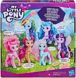 Size: 979x995 | Tagged: safe, derpibooru import, official, izzy moonbow, pinkie pie, rainbow dash, sunny starscout, twilight sparkle, twilight sparkle (alicorn), alicorn, earth pony, pegasus, pony, unicorn, g5, my little pony: make your mark, braid, cutie mark, female, g4, g4 to g5, generation leap, horn, image, jpeg, logo, merchandise, minty (g5), multicolored hair, rainbow celebration, rainbow hair, style of the day, toy, unshorn fetlocks, wings