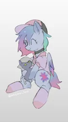 Size: 1080x1920 | Tagged: safe, artist:metaruscarlet, derpibooru import, oc, oc:galaxy (pegasus), unofficial characters only, pegasus, pony, cap, choker, clothes, cute, eyes closed, female, hat, image, ocbetes, pegasus oc, plushie, png, short hair, signature, simple background, smiling, socks, solo, wings