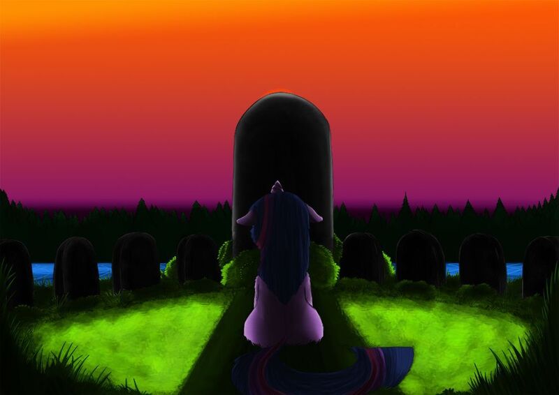 Size: 992x702 | Tagged: safe, artist:exelzior, derpibooru import, twilight sparkle, pony, fanfic:stairway to equestria, fanfic art, floppy ears, gravestone, image, jpeg, sad, solo, water