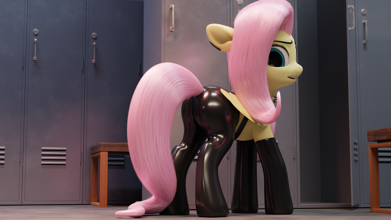 Size: 3840x2160 | Tagged: suggestive, anonymous artist, derpibooru import, fluttershy, pegasus, pony, 3d, 3d model, butt, clothes, collar, ear piercing, evening gloves, female, floppy ears, flutterbutt, folded wings, frown, gloves, green eyes, harness, image, latex, latex gloves, latex leggings, leggings, locker room, long gloves, looking at you, looking back, looking back at you, mare, piercing, pink mane, pink tail, png, render, side view, solo, spiked collar, standing, tack, wings, yellow coat