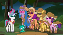 Size: 3072x1727 | Tagged: safe, derpibooru import, screencap, hitch trailblazer, izzy moonbow, pipp petals, sparky sparkeroni, sunny starscout, zipp storm, dragon, earth pony, pegasus, pony, unicorn, g5, my little pony: tell your tale, spoiler:g5, spoiler:my little pony: tell your tale, spoiler:tyts01e52, baby, baby dragon, female, frown, image, jpeg, male, mane five (g5), mare, mud, open mouth, ponytropico, royal sisters (g5), siblings, sisters, stallion, sunglasses