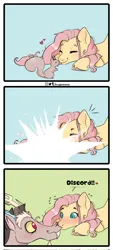 Size: 927x2048 | Tagged: safe, artist:lululaozi, derpibooru import, discord, fluttershy, draconequus, pegasus, pony, squirrel, animal, blushing, boop, comic, cute, discoshy, discute, ear fluff, exclamation point, eyes closed, female, heart, image, jpeg, lying down, male, noseboop, prone, redesign, shipping, signature, smiling, straight