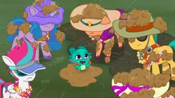 Size: 3072x1727 | Tagged: safe, derpibooru import, screencap, hitch trailblazer, izzy moonbow, pipp petals, sparky sparkeroni, sunny starscout, zipp storm, dragon, earth pony, pegasus, pony, unicorn, g5, my little pony: tell your tale, spoiler:g5, spoiler:my little pony: tell your tale, spoiler:tyts01e52, baby, baby dragon, cute, female, frown, image, jpeg, male, mane five (g5), mare, mud, open mouth, open smile, ponytropico, royal sisters (g5), siblings, sisters, smiling, sparkybetes, stallion, sunglasses