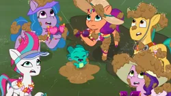 Size: 3072x1727 | Tagged: safe, derpibooru import, screencap, hitch trailblazer, izzy moonbow, pipp petals, sparky sparkeroni, sunny starscout, zipp storm, dragon, earth pony, pegasus, pony, unicorn, g5, my little pony: tell your tale, spoiler:g5, spoiler:my little pony: tell your tale, spoiler:tyts01e52, baby, baby dragon, cute, eyes closed, female, frown, image, jpeg, male, mane five (g5), mare, mud, open mouth, open smile, ponytropico, royal sisters (g5), siblings, sisters, smiling, sparkybetes, stallion, sunglasses