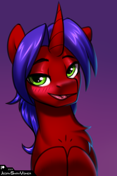 Size: 2000x3000 | Tagged: safe, artist:jedayskayvoker, derpibooru import, oc, oc:xeon ripper, unofficial characters only, pony, unicorn, bust, chest fluff, colored sketch, commission, flirting, gradient background, hooves, hooves to the chest, horn, icon, image, looking at you, male, png, portrait, raised eyebrows, sketch, smiling, smiling at you, solo, stallion, unicorn oc