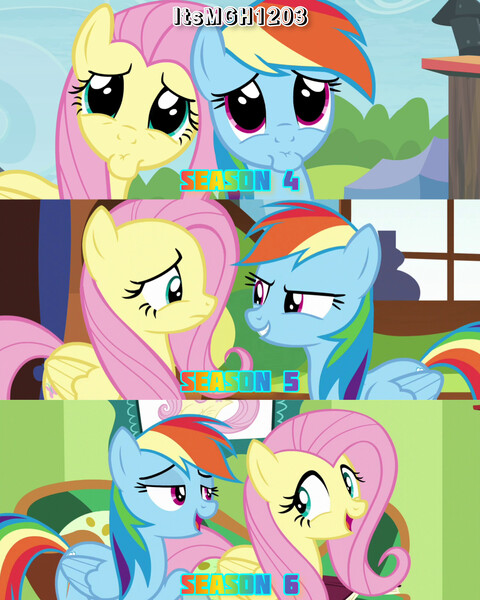 Size: 2458x3072 | Tagged: safe, derpibooru import, edit, edited screencap, editor:itsmgh1203, screencap, fluttershy, rainbow dash, pegasus, pony, flutter brutter, season 4, season 5, season 6, tanks for the memories, trade ya, cute, daaaaaaaaaaaw, dashabetes, duo, duo female, female, fluttershy's cottage, frown, hnnng, image, jpeg, open mouth, open smile, shyabetes, singing, smiling, text, weapons-grade cute