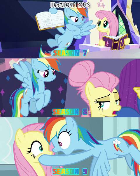 Size: 2458x3072 | Tagged: safe, derpibooru import, edit, edited screencap, editor:itsmgh1203, screencap, fluttershy, rainbow dash, pegasus, pony, daring doubt, fake it 'til you make it, fame and misfortune, season 7, season 8, season 9, spoiler:s08, spoiler:s09, alternate hairstyle, book, cloudsdale, duo, duo female, female, flying, image, jpeg, open mouth, open smile, severeshy, smiling, spread wings, text, twilight's castle, wings