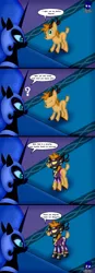 Size: 5760x16616 | Tagged: safe, artist:damlanil, derpibooru import, nightmare moon, princess luna, oc, oc:laurits rutger, alicorn, deer, pony, bodysuit, catsuit, clothes, comic, commission, costume, duo, female, horn, image, jewelry, latex, latex suit, male, mare, necklace, png, rubber, rubber drone, shadowbolt drone, shadowbolts, shadowbolts (nightmare moon's minions), shadowbolts costume, shiny, show accurate, speech bubble, stallion, suit, text, transformation, transformation sequence, vector