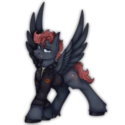 Size: 2300x2300 | Tagged: safe, artist:molars, derpibooru import, oc, oc:dumpster fire, pony, fallout equestria, ashes town, blue eyes, brand, branding, clothes, commission, dashite, dashite brand, feather, full body, greaser, image, jacket, leather, leather jacket, looking at you, patch, png, scar, shading, simple background, smiling, smug, solo, spread wings, transparent background, unshorn fetlocks, wings