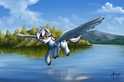 Size: 6000x4000 | Tagged: safe, artist:supermoix, derpibooru import, oc, oc:dark tempest, alicorn, pony, cloud, commission, cute, digital art, flying, goggles, image, lake, large wings, looking at you, png, reflection, scenery, smiling, solo, tree, water, wings
